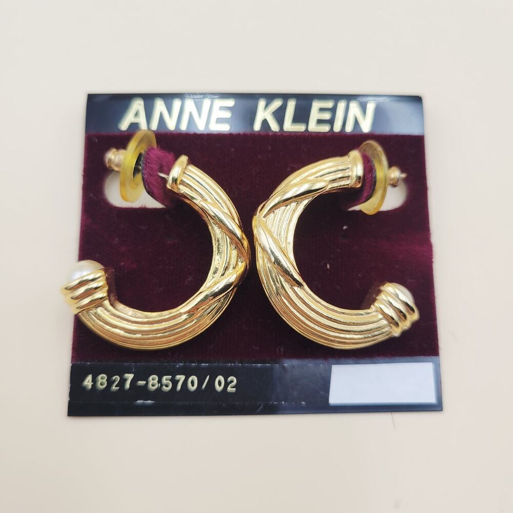 ANNE KLEIN Gold tone Textured HOOP Pierced Earrings Vintage